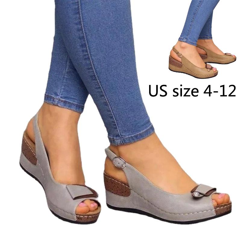 

Летние женские сандалии 6 см, с открытым носком, с пряжкой «рыба», сандалии на танкетке, удобная женская обувь большого размера, оптовая продажа