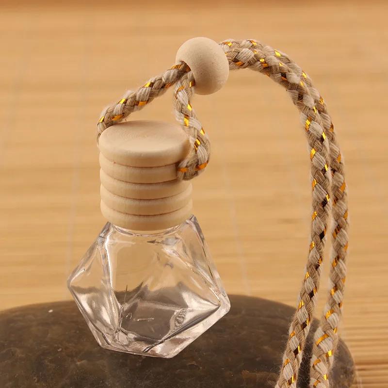 Auto Interior Perfume Empty Bottle - Small Clear Glass Pendant Container with Wooden Cap & Decorative Braided Rope