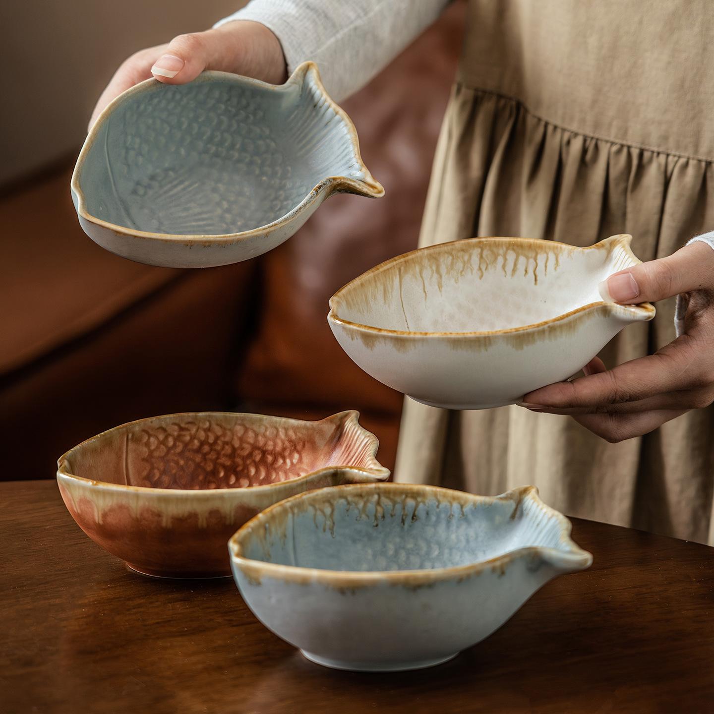 Creative Fish-Shaped Ceramic Bowl Retro Tableware Special-Shaped Bowl Home Restaurant Rice Bowl Dessert Bowl Baby Complementary Food Bowl