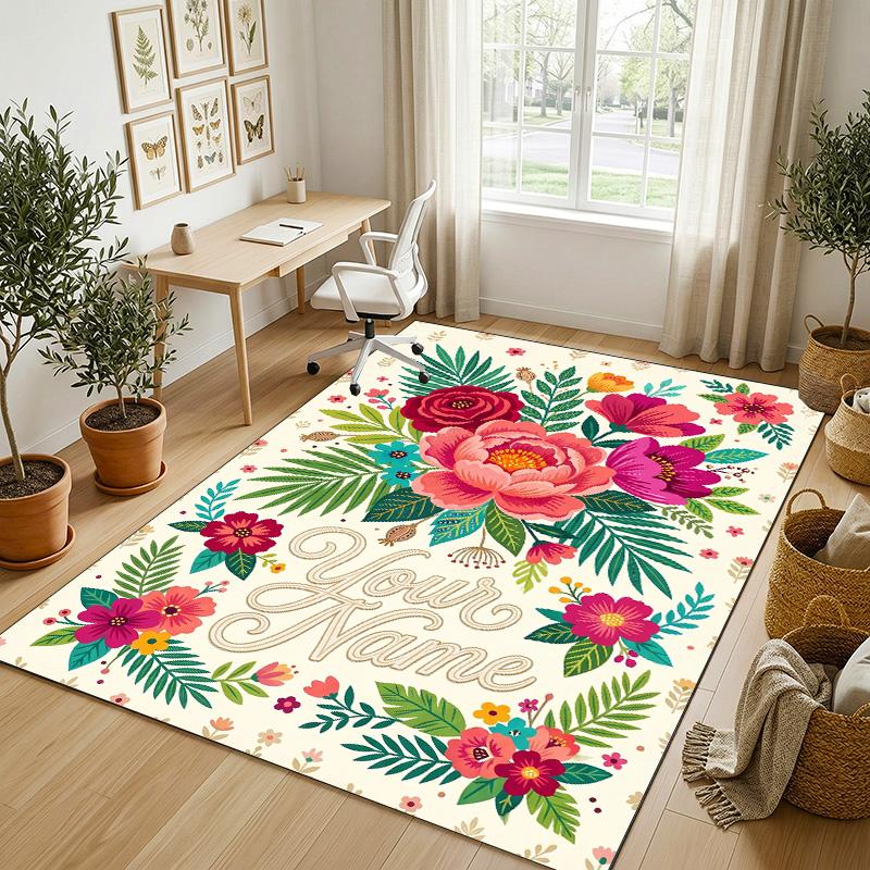 Floral Art Theme Soft Crystal Velvet Rug Custom Name & Text Print Non Slip Floor Rug for Bedroom Living Room