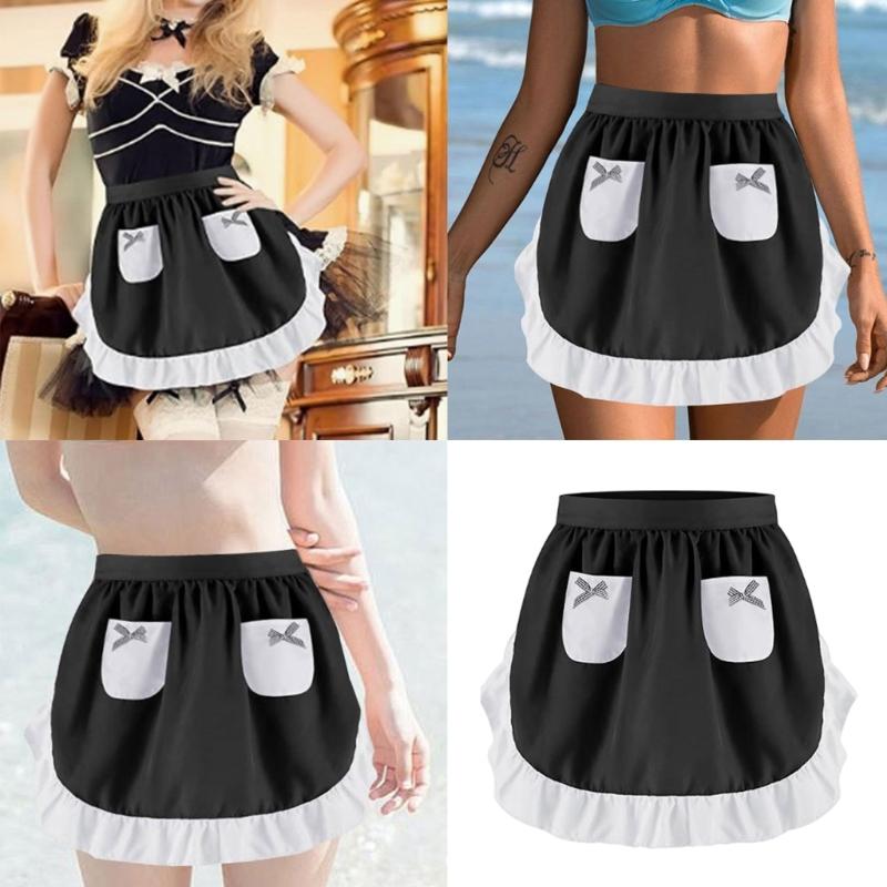 Women Maid Apron Ruffled Waist Apron Halloween Maid Costume Accessories Kitchen Apron with 2 Pocket for Baking Gardening