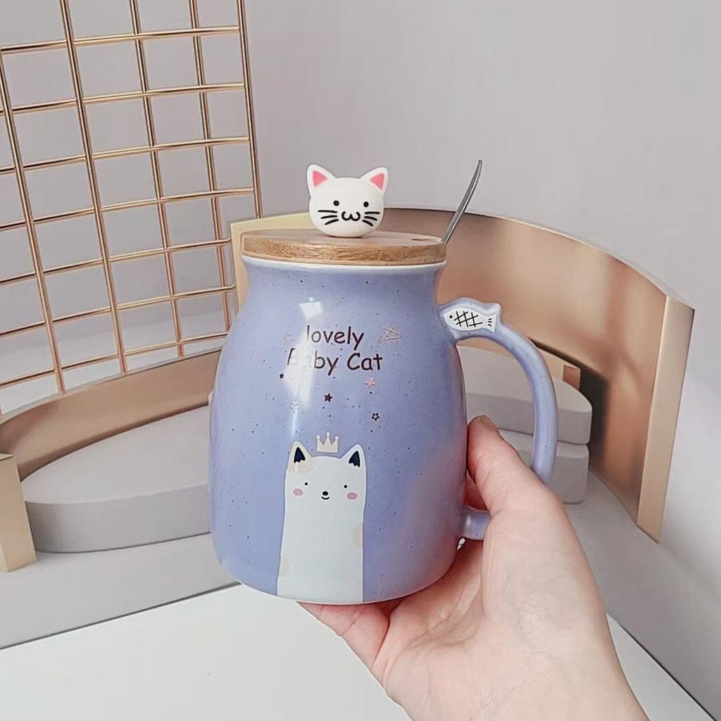 Niedliche Cartoon Katze Keramiktasse mit Deckel Löffel Große Kapazität Becher Haushalt Kaffeetasse Frühstück Milch Wasser