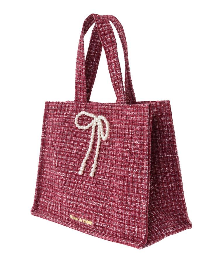 Maison de FLEUR Pink Tweed Pearl Ribbon Square Tote Bag, Pink, 8A43F0J6000