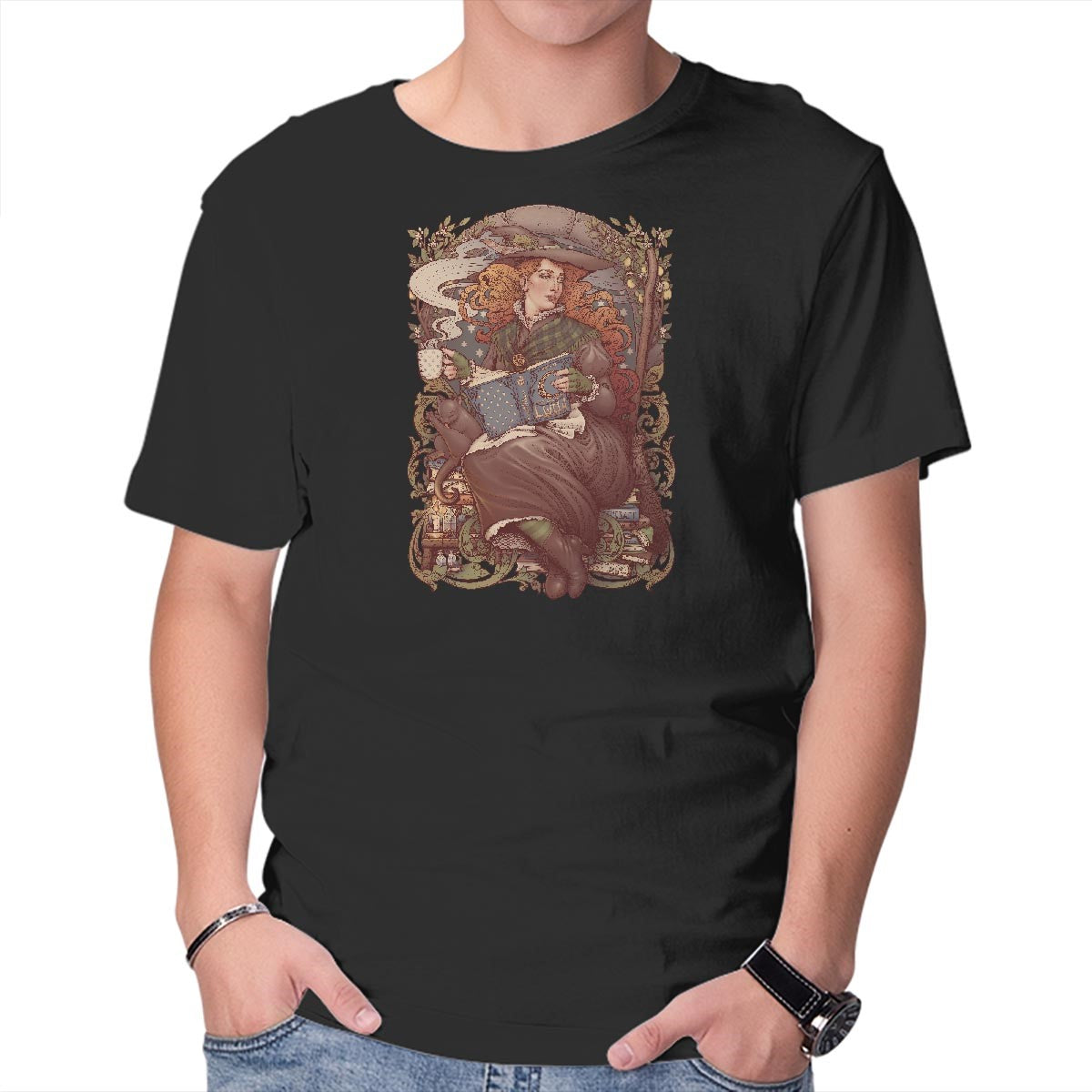 Unisex Crew Neck T-Shirt Nouveau Folk Witch Graphic Short Sleeve Casual Tee XL