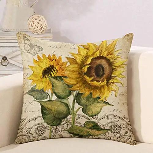 

Retro sunflower print linen pillowcase sofa cushion cover home decoration can be customized for you 40x40 50x50 60x60 45x45 40x40cm16x16Inch