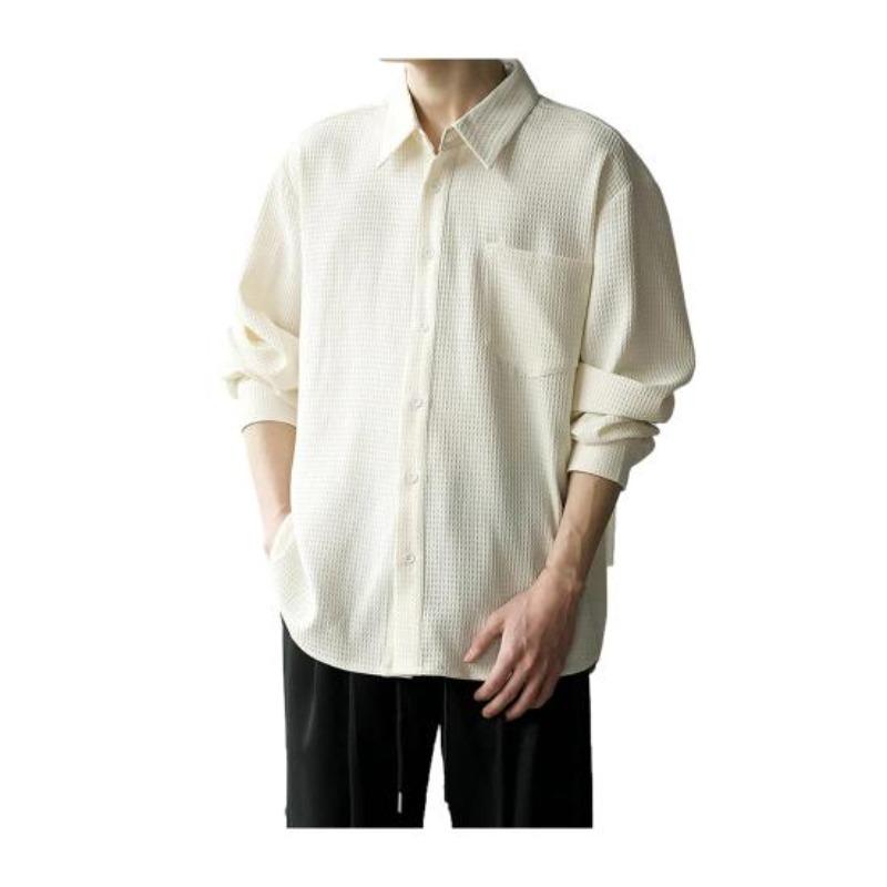 Camicia a Bottoni Waffle da Uomo Yousheng Manica Lunga Casual Vestibilità Larga con Taschino sul Petto Camicia Elegante da Uomo Autunnale