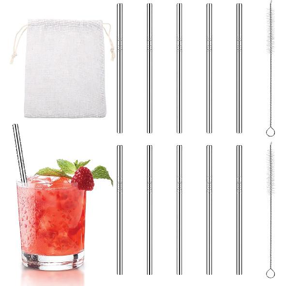10 Pack 4.7 Inch Short Metal Cocktail Straws Reble Stainless Steel Straws Drinking Straws Steel Straws Drinking with Cleaning Brush for Coffee Mugs,