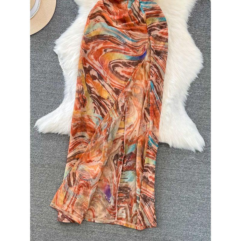 Socialite Blooming Print Backless Slit Dress Halterneck