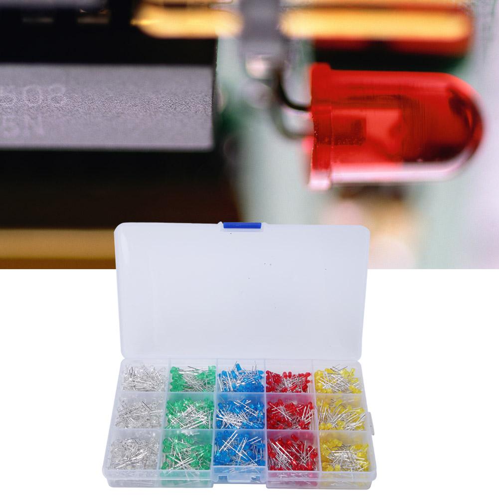 1000Pcs Assorted Color Red Yellow Blue Green White 3mm LED Light Emitting Diode Kit Box