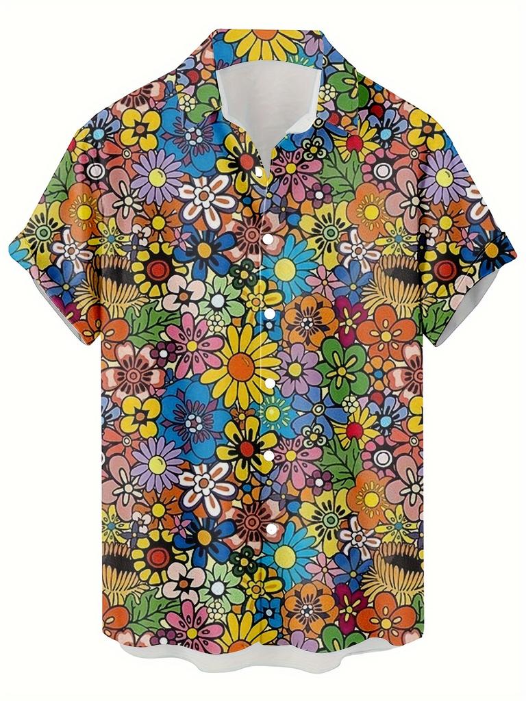 Men's Casual Hip-Hop Rock Streetwear Hawaiian Shirt with Colorful Floral Doodle Art 3D Print