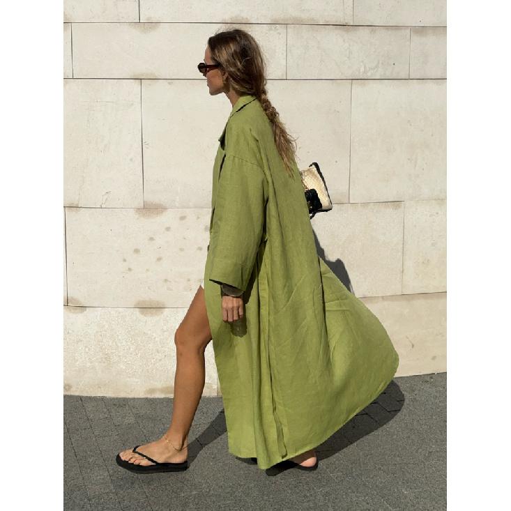 Sommer Neues Damen Stilvolles Rotes Leinen Wickel Maxi Kleid Revers Kimono Ärmel Gürtel Lange Robe Elegantes Schickes Kleid