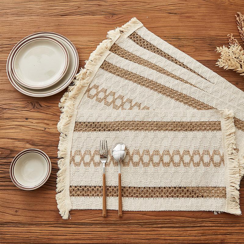 Simple woven tassel American cotton and linen square splicing natural material placemat table mat holiday decorative hemp rope