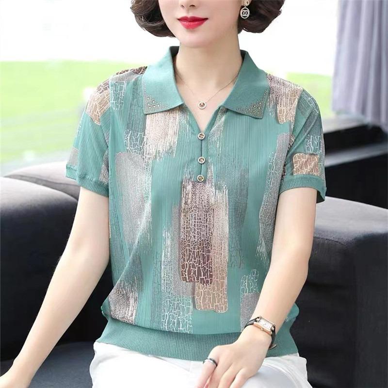 

Middle-aged Summer Short-sleeved Women s Stylish Shirts, Middle-aged and Aged Women s Large Size Ice Silk Short Tops 5XL зелений
