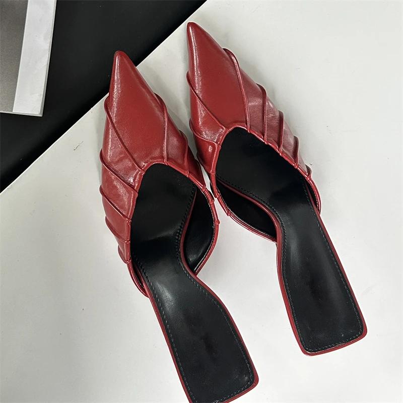 Eilyken Spring Elegant Pleated Women Slipper Sexy Pointed Toe Thin Low Heels Slingback Mules Shoes