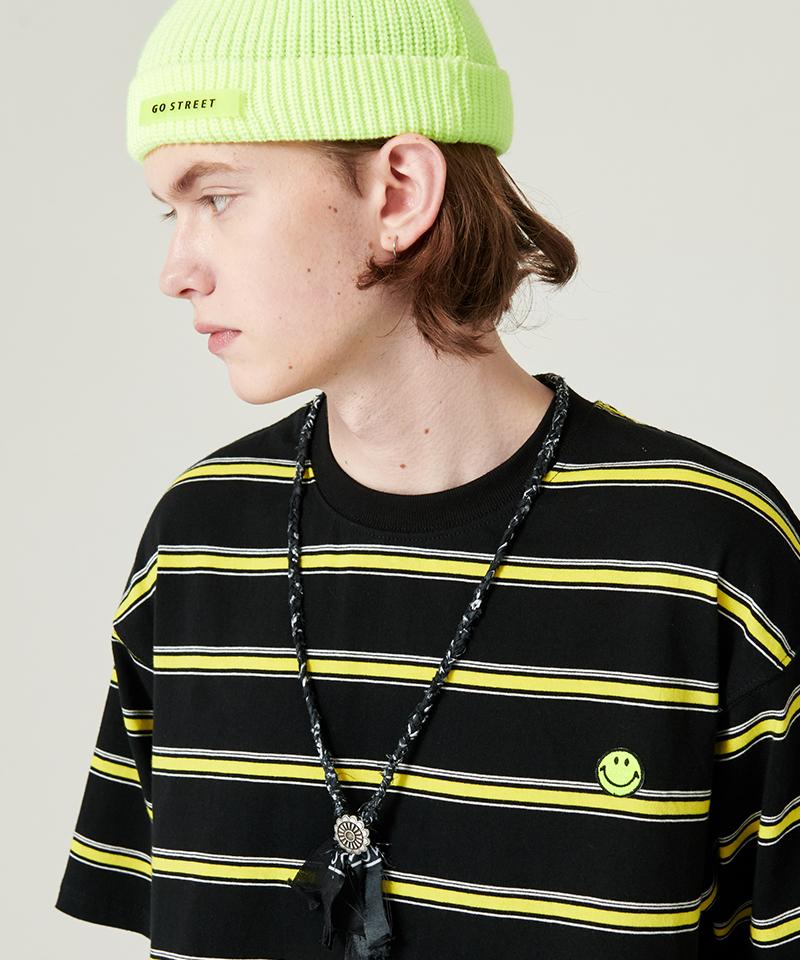 Ghost Street Striped Smile Wappen Short Sleeve T-Shirt - Black L