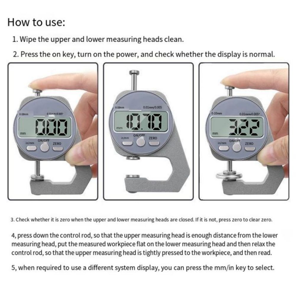 Digital Thickness Gauge, 0-10mm, Inch/Millimeter Conversion, 0.01mm/0.005" Accuracy, Auto Off Thickness Gauge Measuring Tool For Paper PU Leather