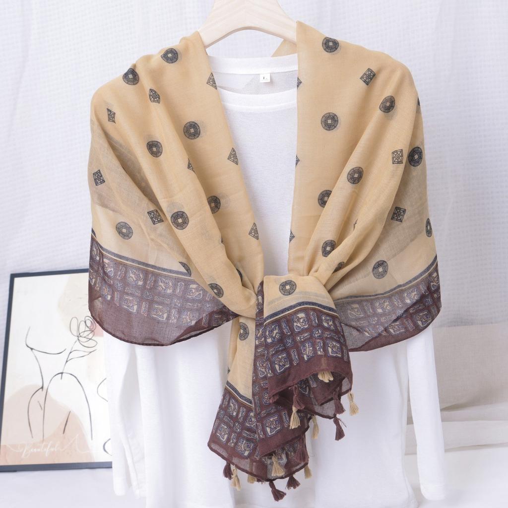 Ethnic Style Blue and White Porcelain Cotton and Linen Scarf, Women's Artistic Shawl, Travel Sunscreen Scarf, Office Shawl
