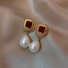 Sweet Red Square Waterdrop Imitation Pearl Pearl Earrings for Women Temperament Sweet Korean Design Jewelry