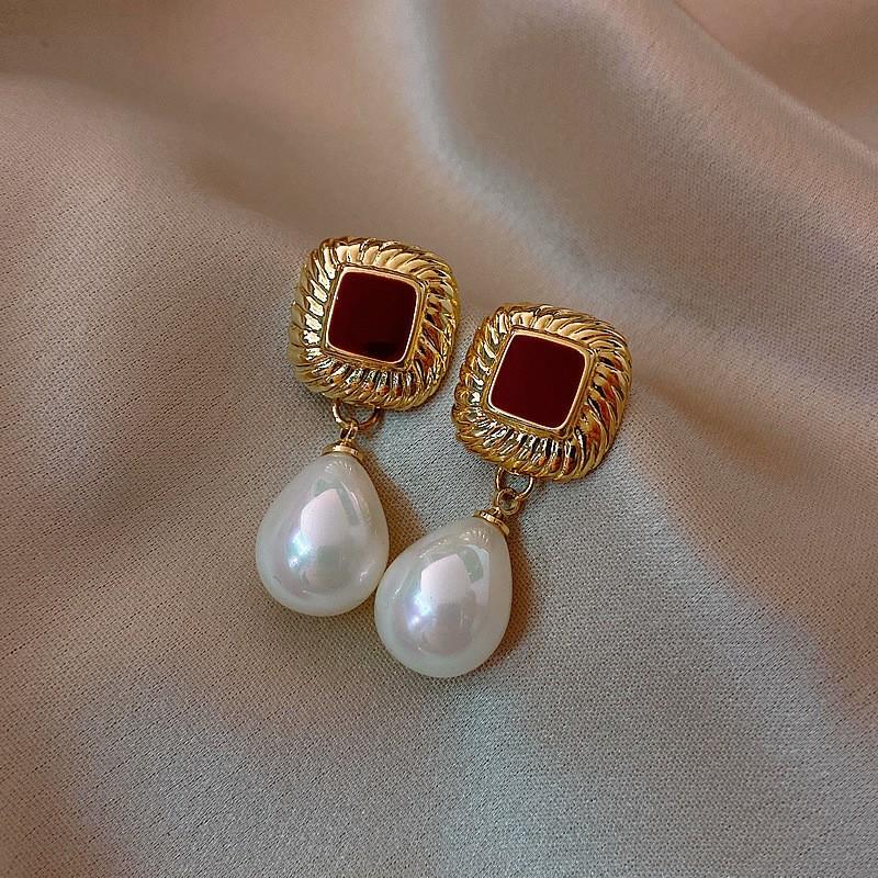 Sweet Red Square Waterdrop Imitation Pearl Pearl Earrings for Women Temperament Sweet Korean Design Jewelry