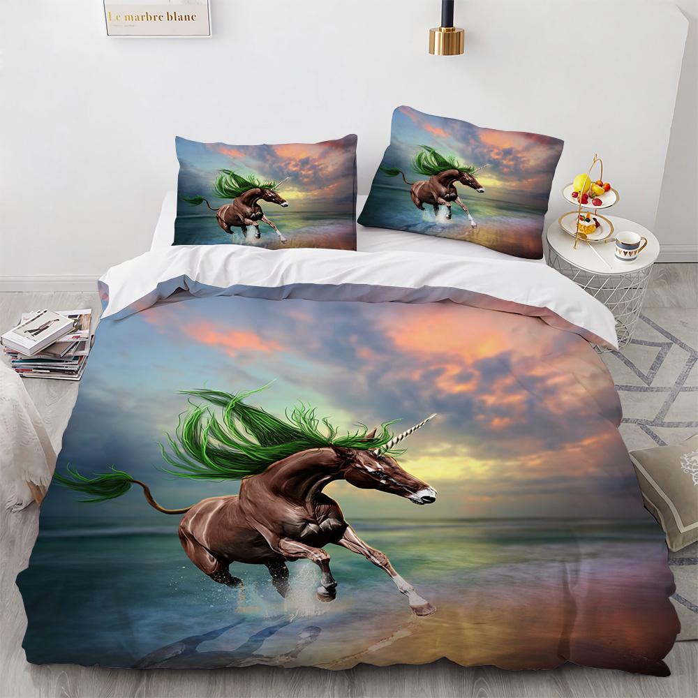 Blue Unicorn Duvet Cover Set Wild Animals Horse Polyester Bedding Set King Queen Full Size For Kids Boys Girls Comforter Cover