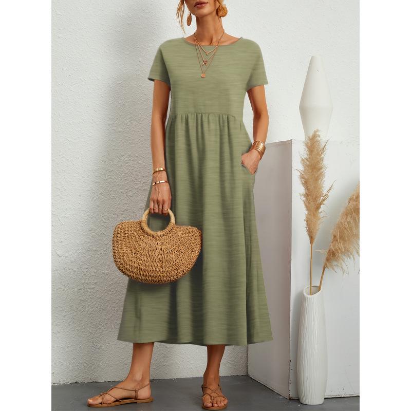 European & American Casual Crinkled Ice Silk Dress - Solid Color, Round Neck, Short Sleeve XL