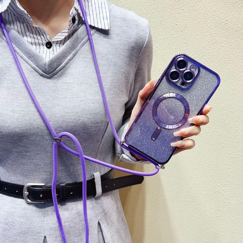 Strap Magnetic Case For Samsung S25 Ultra Galaxy S24 FE S21 S26 S22 S23 Plus A56 WirelessGlitter Plating Crossbody Lanyard Cover
