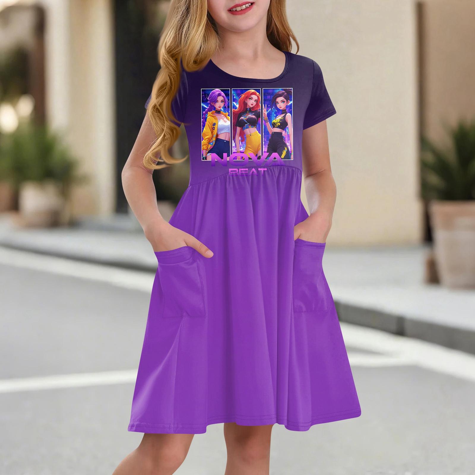 

Children s Skirt Round Neck Short Sleeve Princess Dress Fashion Casual Pocket Dress For Girls 100 темно-фиолетового