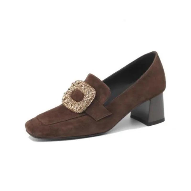 Women Pump Square Toe Suede Slide-On Oxford Heels Buckle Crystal Spring And Fall Shoes
