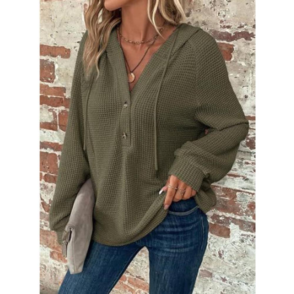 Autumn Women's Solid Color Long Sleeved V-neck Top Thin Hooded Button Sweatshirt Coat Women's Fashionable Versatile Hooded Sweatshirt