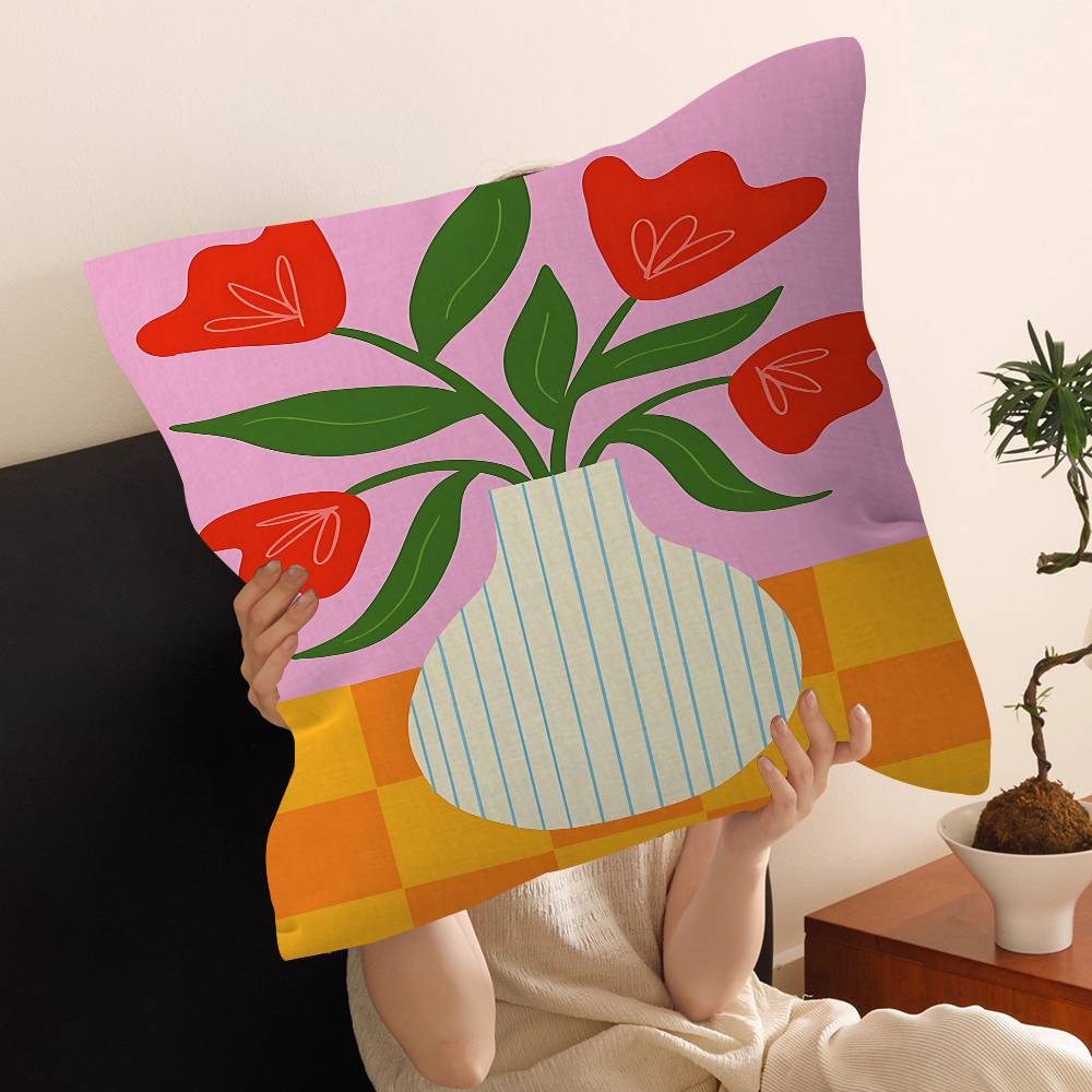 Pink Flower Market Vase Floral Plant Pillow Cover Sofa Cushion Cover Home Room Decoration Children Gift