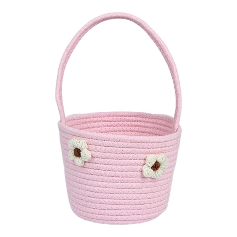 Natural Cotton Handwoven Basket Wedding Flower Basket with Handle  Eggs Candy Vegetable Holder Decorative Tote Baskets розовый