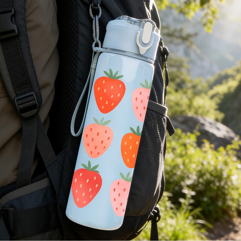 1PC Fresh Red Strawberry Fruit Cluster Print 750ml Color Plastic Sports Water Bottle Leakproof Flip Straw Lid Suitable for Sports Office Home Use