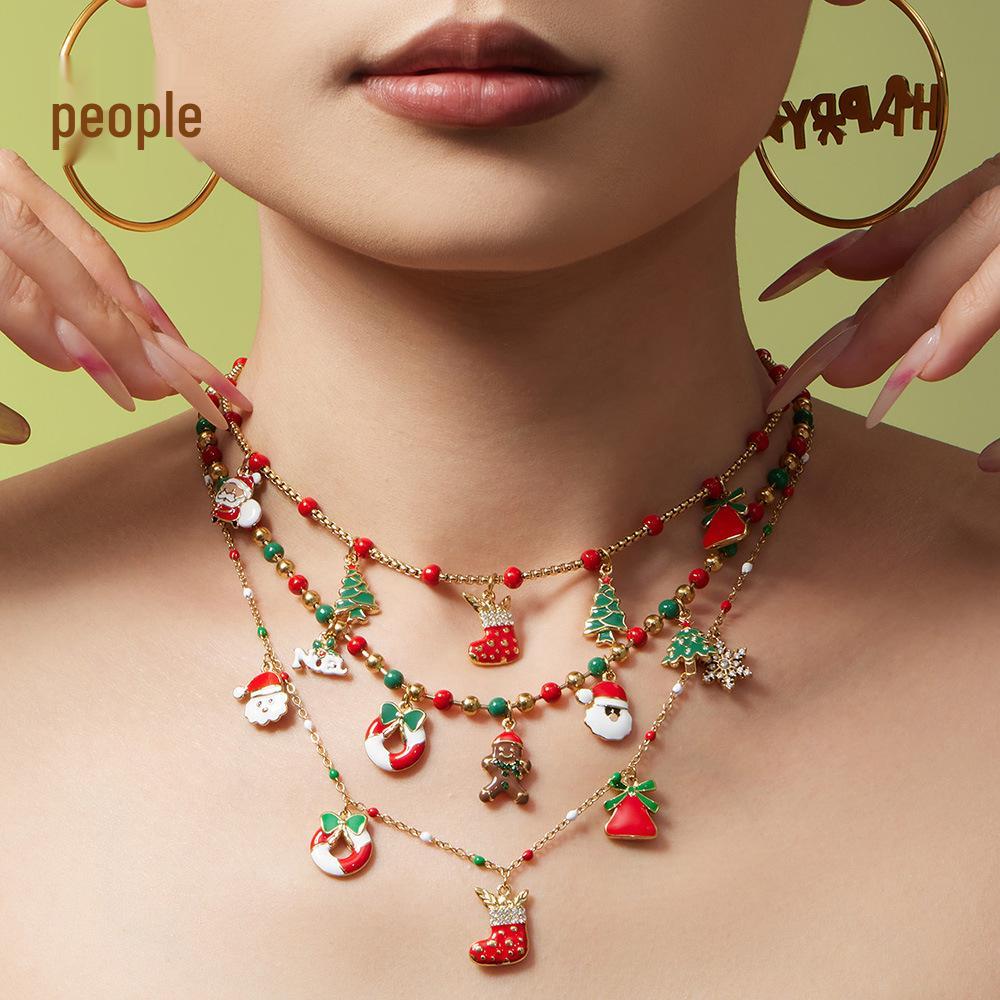 European & American Christmas Festival DIY Multi-Accessory Enamel Zirconia Necklace, 18K Gold-Plated Stainless Steel, Christmas Tree & Santa Styles.