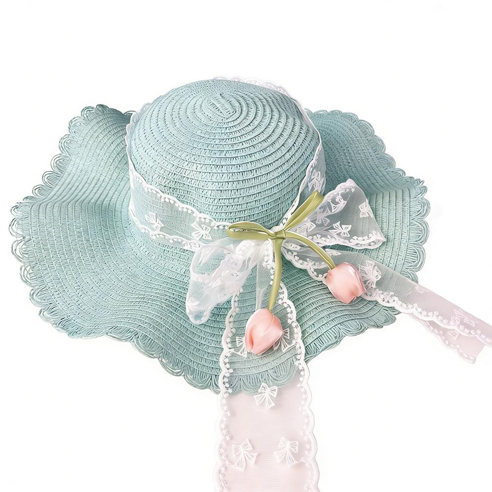 

Elegant Lightweight Straw Hat Lace Bow Flower Decoration Wide Brim Hat Woven Straw Flat Top Sunscreen Hat Summer зелёный