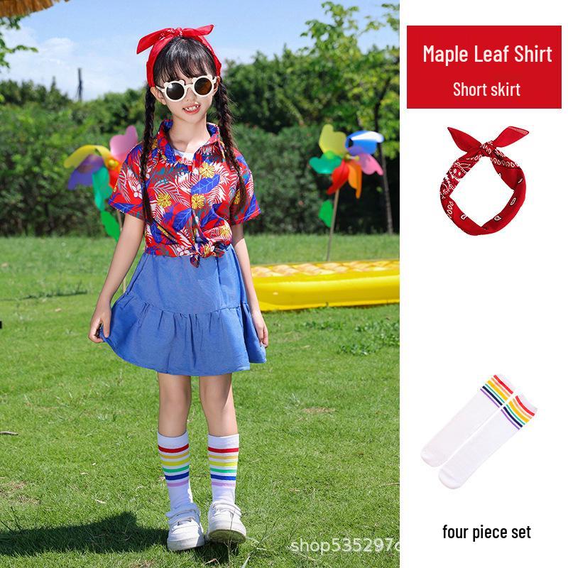 In-Stock Hong Kong Style Floral Cheerleading Uniforms for Boys & Girls - Short Sleeve Performance Costumes (Kindergarten)