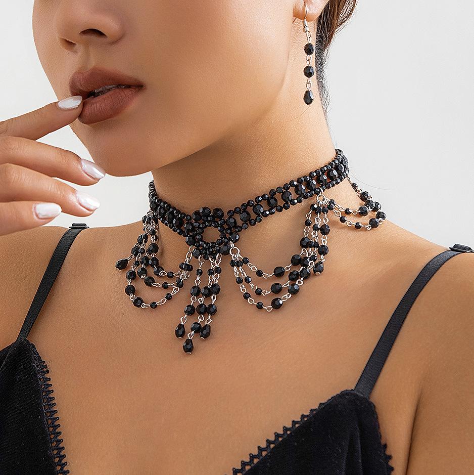 Vintage Gothic Black Beaded Necklace Earrings Set for Women Crystal Tassel Chains Jewelry Sets Party Costume Accessories
