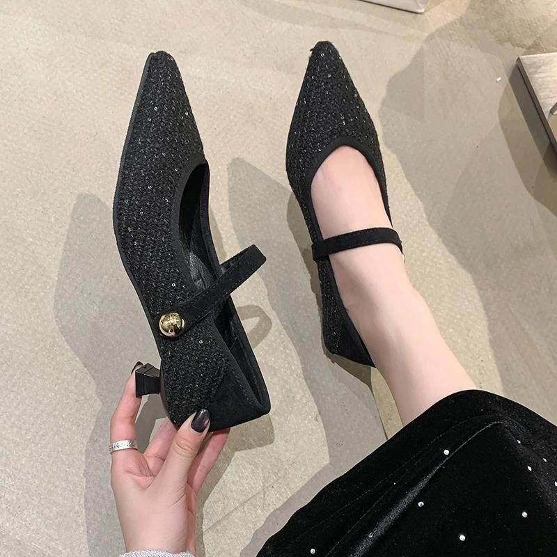 Fashion 2025 Tendencia Spring/Summer New Women's Single Shoes High Quality Sequined Fashion  Jane Shoes Wedding Heels