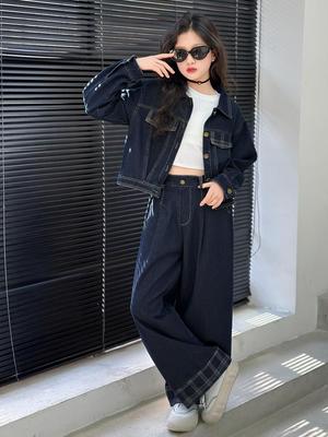 Girls' 2025 Autumn Retro Hong Kong Style Denim Jacket & Jeans Two-Piece Set