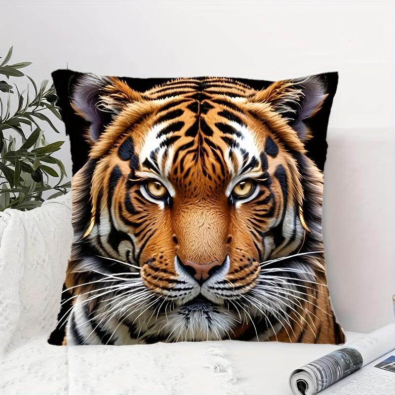 1Pc Tiger Staring Majestic Printed Throw Pillow Cover, Suitable For Sofa, Bedroom, Living Room, Cool Gift For Big Cat Lovers.