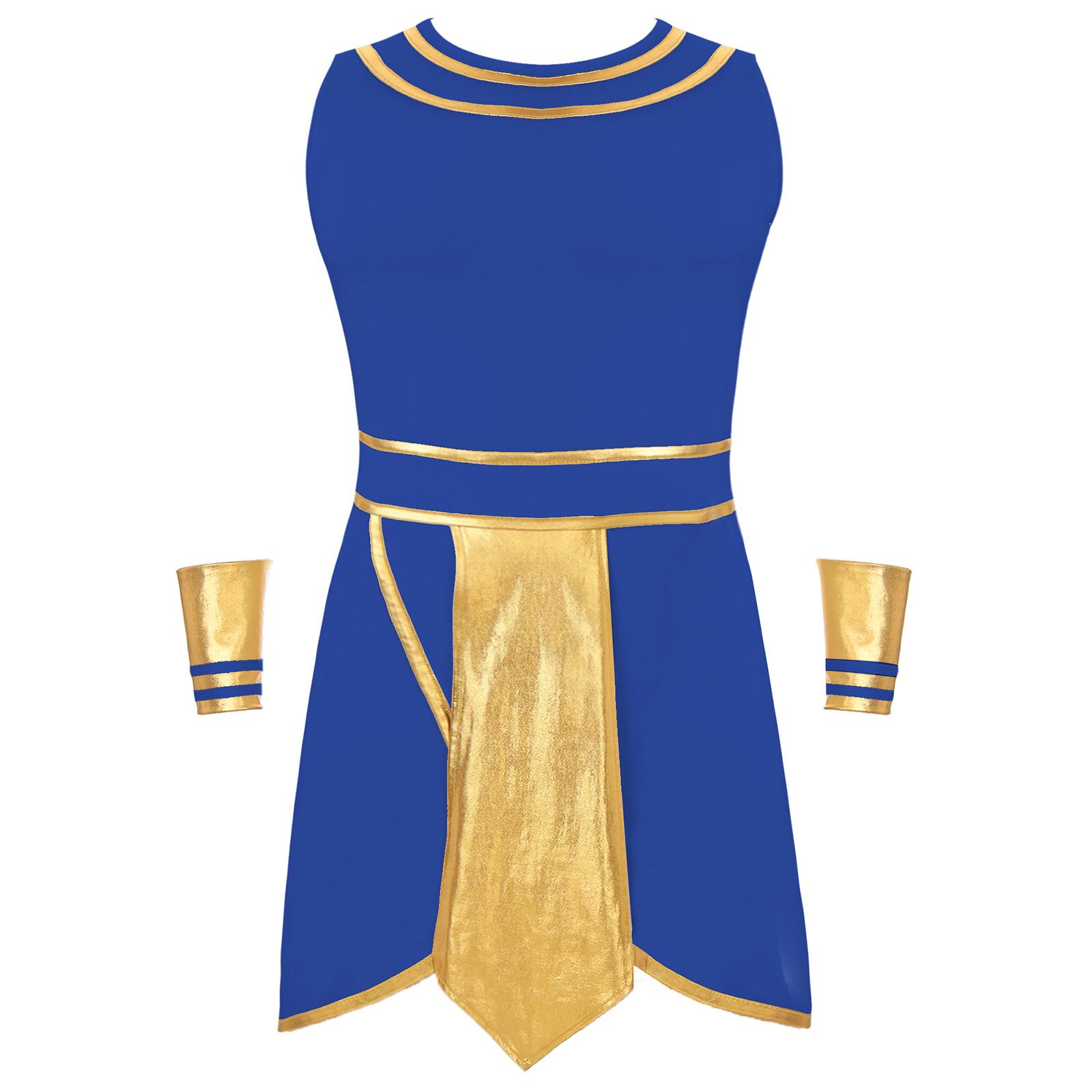

Mens Ancient Egypt Costume Role Play Outfit Contrast Color Round Neck Sleeveless Dress with Cuffs 3XL синій