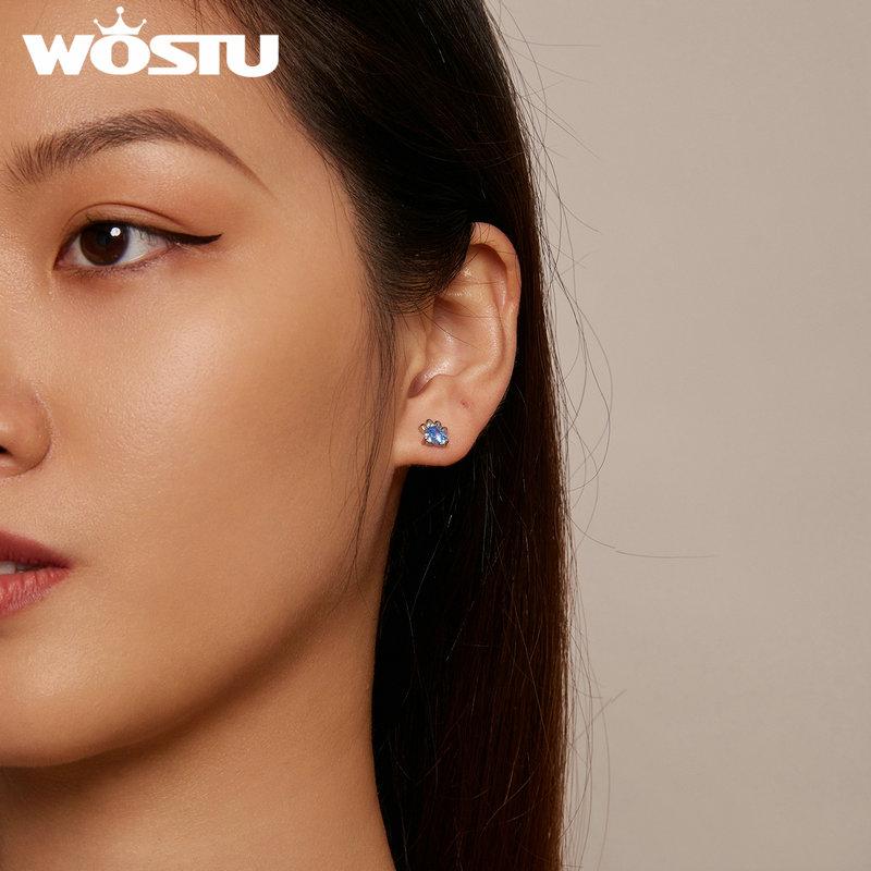 WOSTU 925 Sterling Silver Pink Zircon Pet Dog Paw Stud Earrings For Women Lovely Heart Zircon Ear Studs Birthday Jewelry Gift