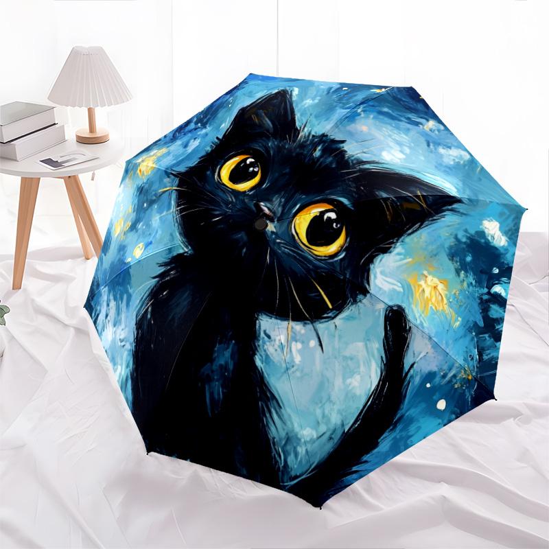 Night Cat  pattern, automatic folding umbrella, portable and foldable design, 8 ribs, a Christmas or birthday gift.