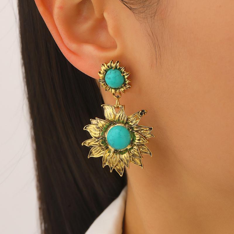 Ethnic Style Vintage Sunflower Pendant Earrings for Women Bohemian Stone Setting Dangling Earrings Party Birthday Zircon Gifts