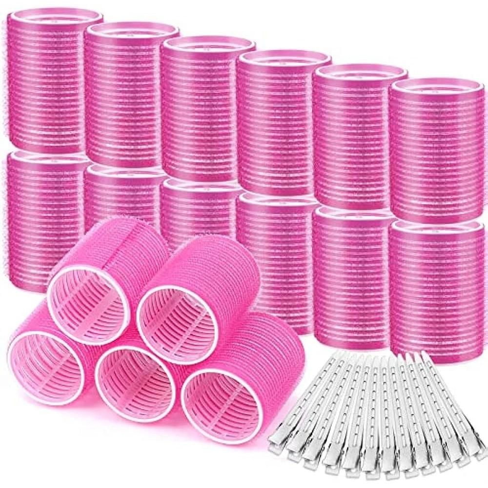 Giant curling wand roller set, 24 pieces, including 12 self-grip curling wands and 12 stainless steel duckbill clips (rose red)