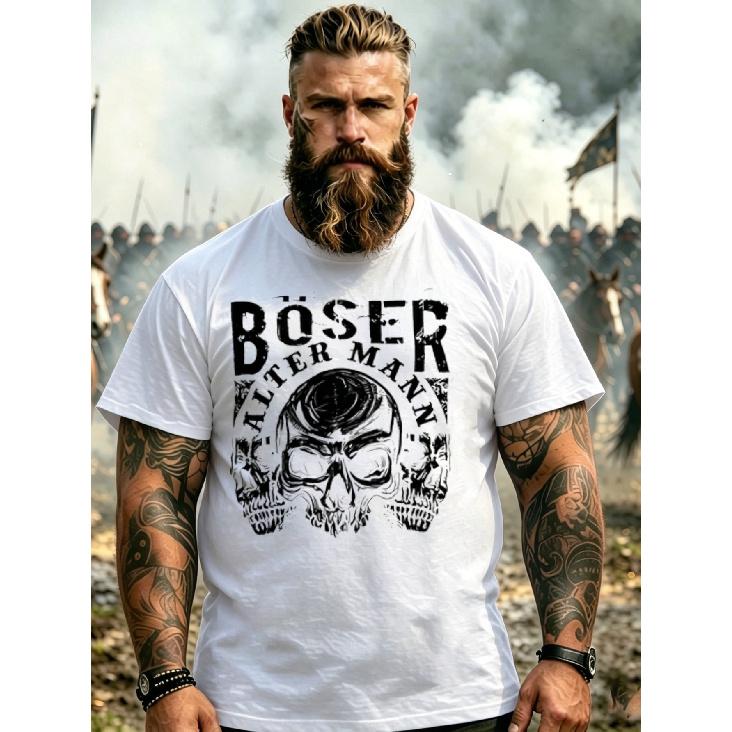Black T Shirt With Skull And Boser Alter Mann Print For Men Outdoor Adventure And Casual Wear, PLUS SIZE
