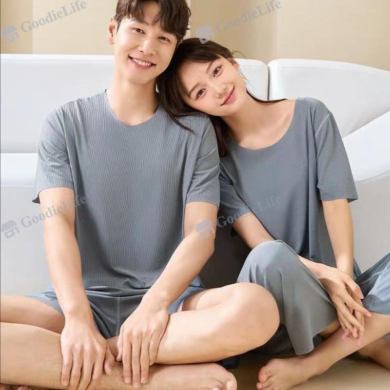 Couple Ice Silk Pajamas Set Summer Women Round Neck Short Sleeve Long Pants Men Shorts Seamless Homewear