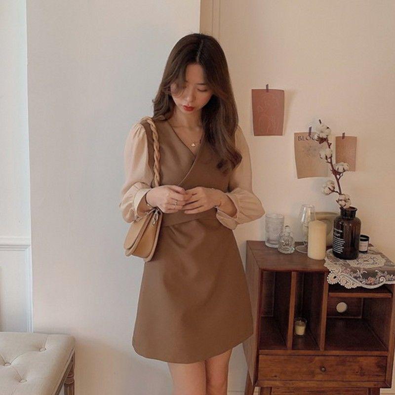

Women s Spring-Summer Chiffon Cinched Waist Dress - Fake Two-Piece, Long Sleeve, Petite Short Skirt M - around 53kg