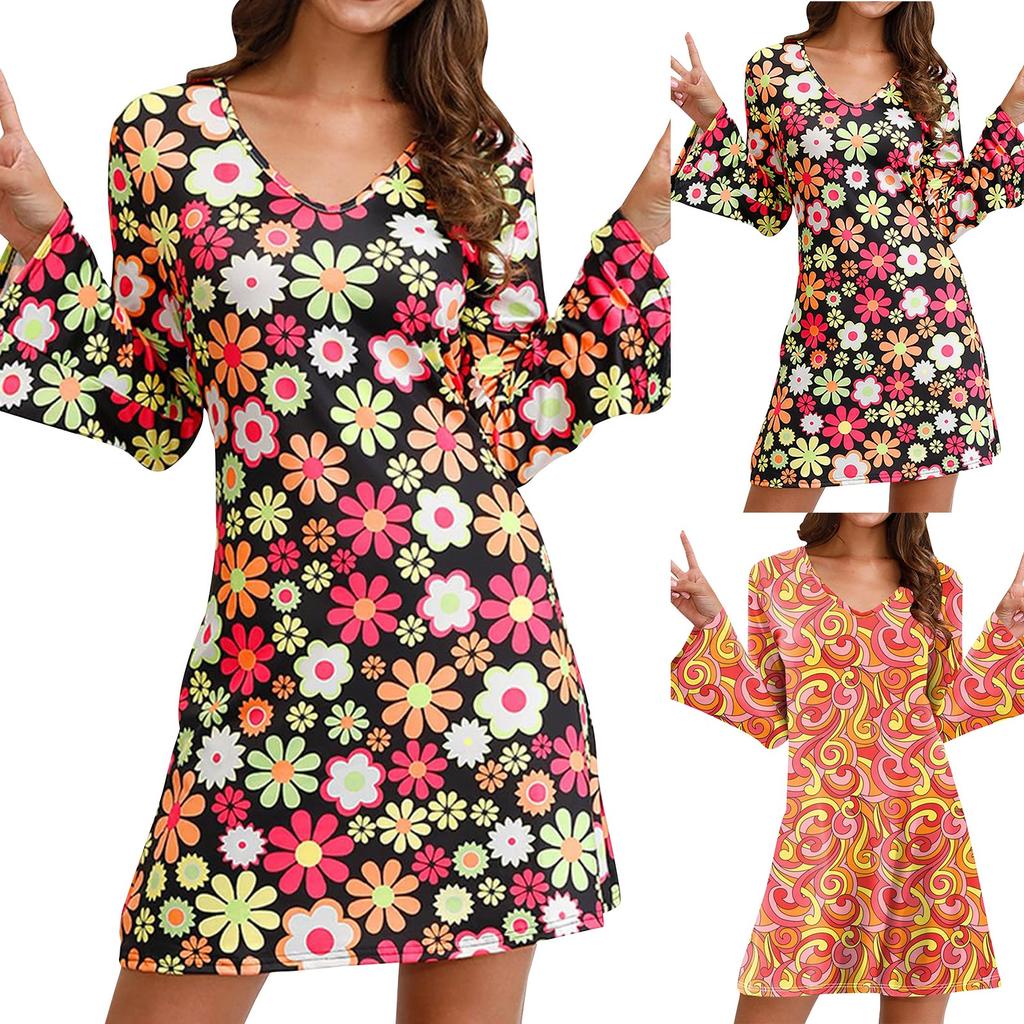 Women's V-Neck Long Sleeved Dress With Casual Floral Print Flared Sleeve Skirt