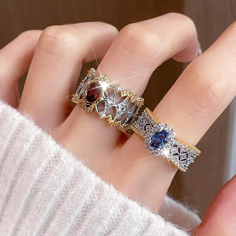 Italian Woven Gold Lace Lace Two-Color Gold With Diamonds Red Treasure Color Treasure Ring Brati Open Ring Women