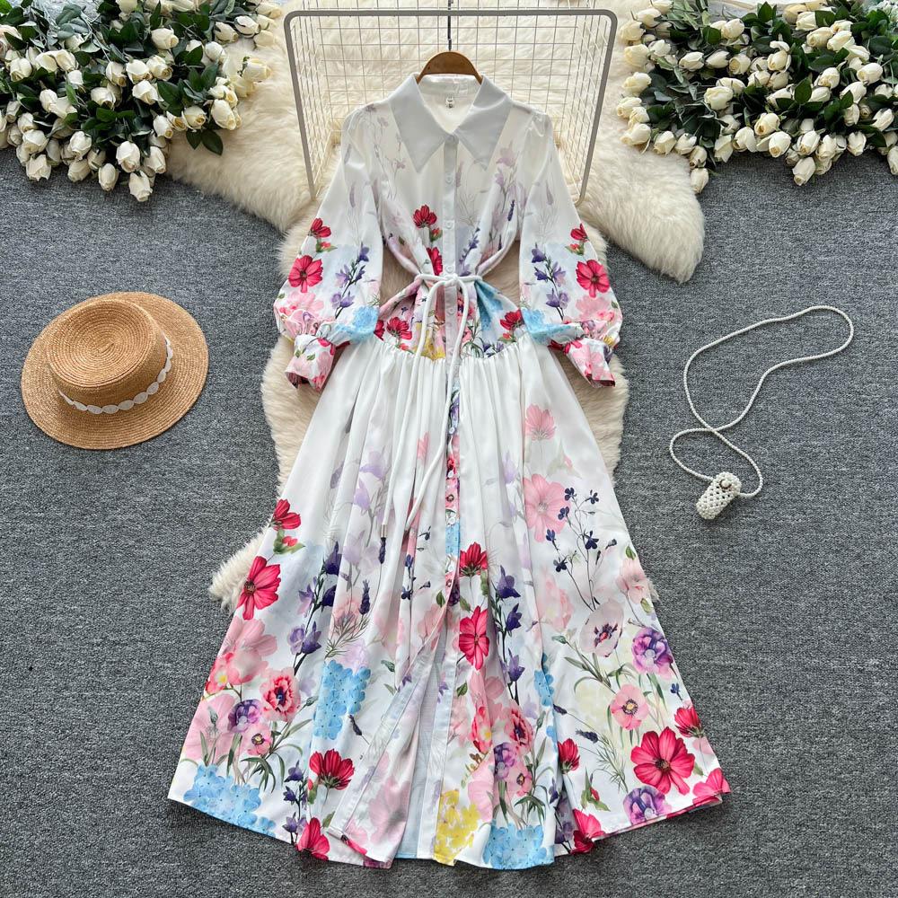 French retro fashion positioning printed dress women's autumn straps waist and thin temperament single-breasted long skirt